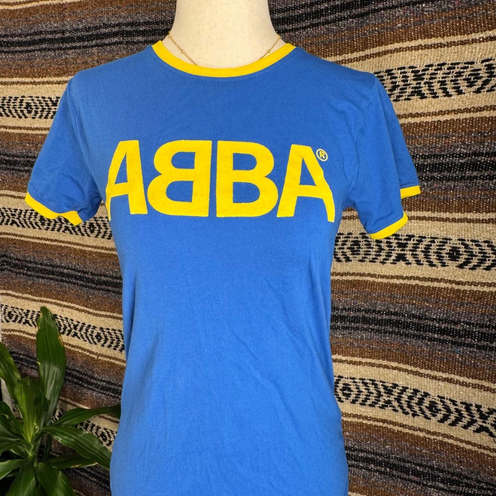 ABBA Official Merchandise Blue Yellow Ringer Tee Flocked Logo Shirt Small